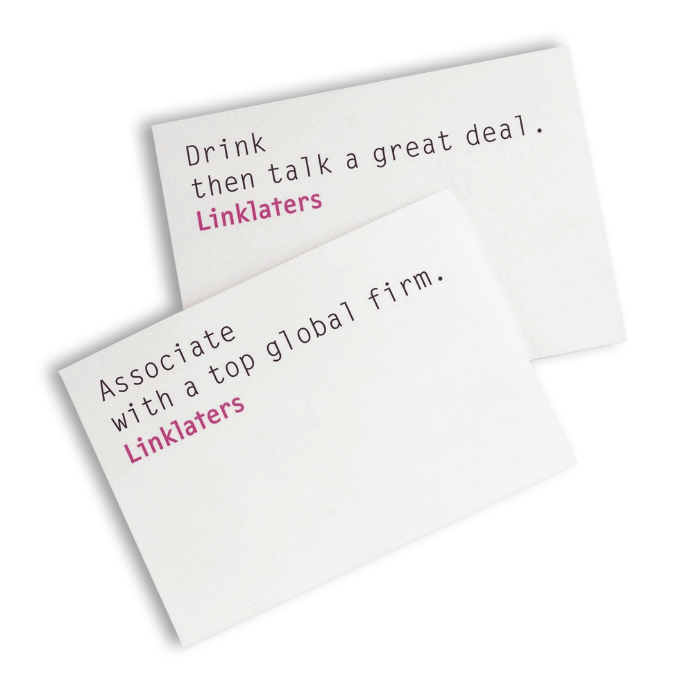 Linklaters Advertising Postcards by Peek Creative Limited showing clever wordplay